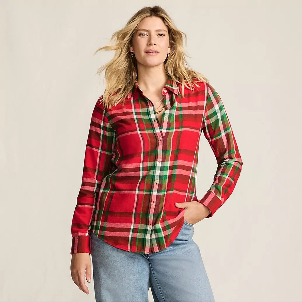 Land’s End | Women’s Red/White/Green Plaid Flannel Button Down Boyfriend Shirt M